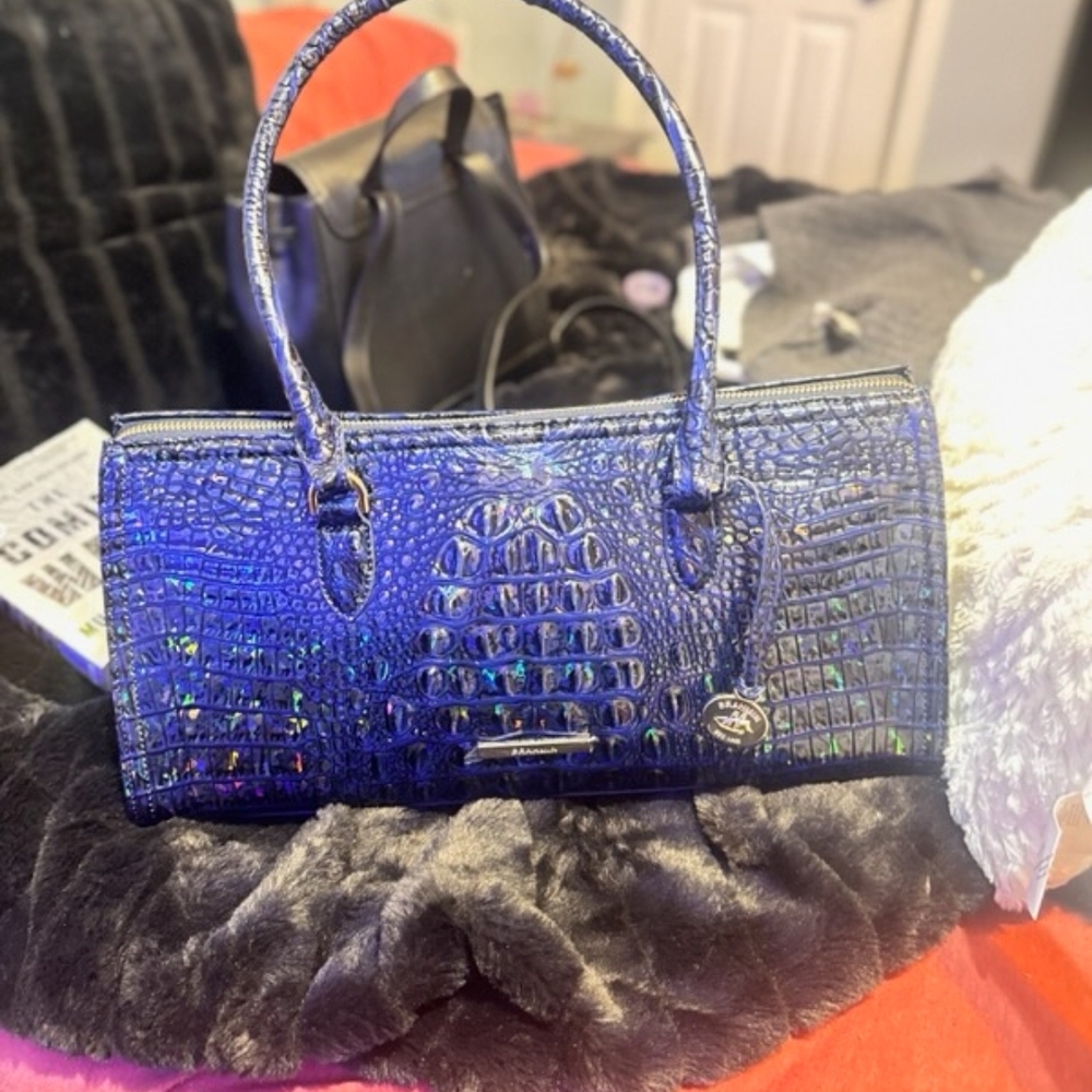 Brahmin Shimmering Blue Croc-Embossed Hobo Bag